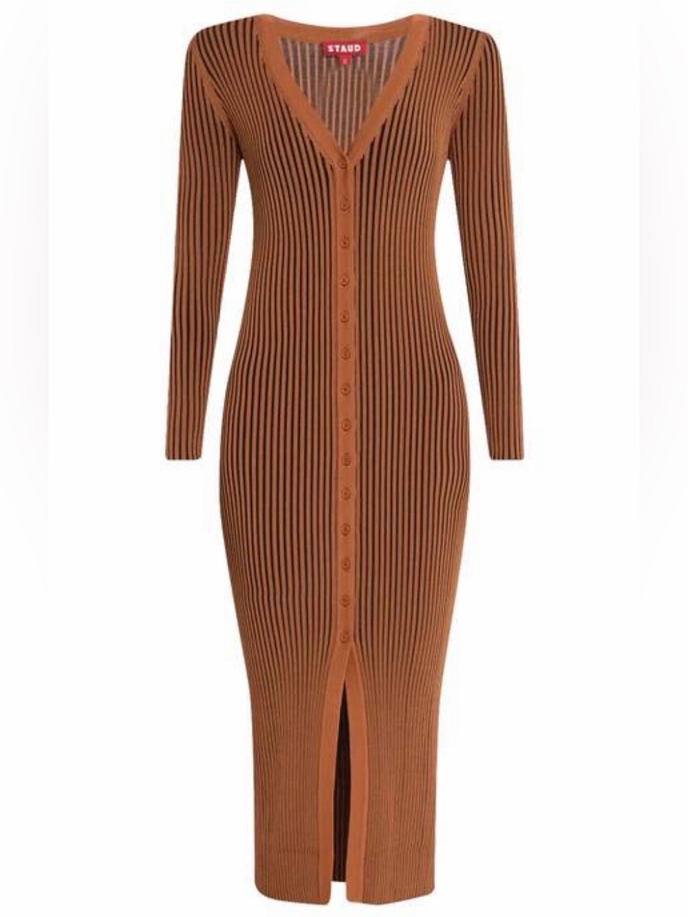 STAUD Shoko Ribbed Long-Sleeve Button Down Midi Sweater Dress- Tan/Brown-Black